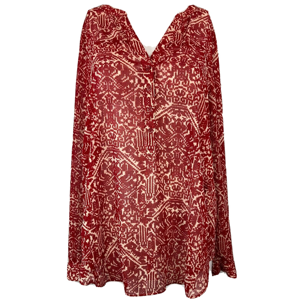 Lucky Brand Shirt Womens Sz M Red Beige Pattern Long Sleeve Popover‎ Top V Neck